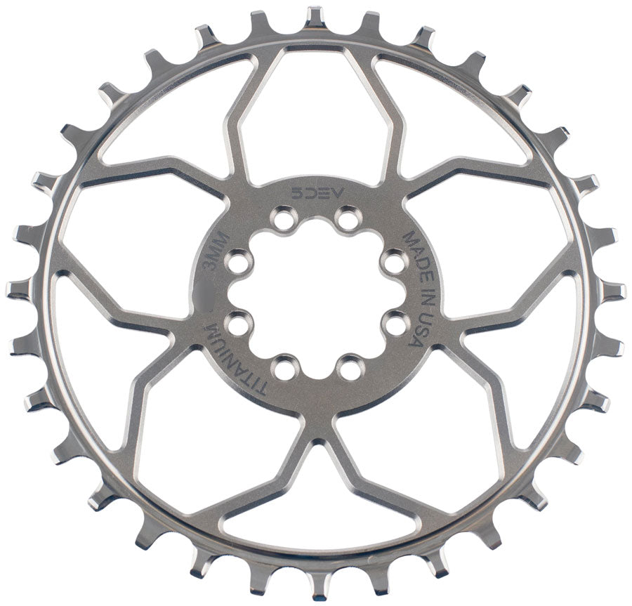 5DEV Titanium T-Type Direct Mount Chainring - 30t 8-Bolt 3mm Offset Raw Ti