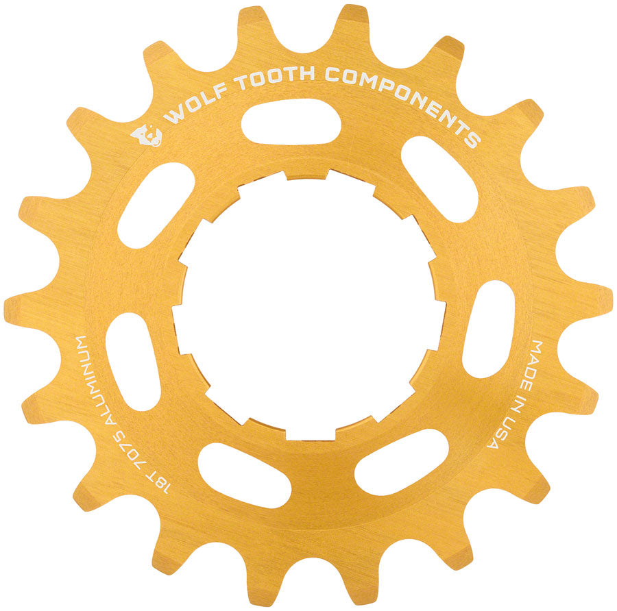 Wolf Tooth Single Speed Aluminum Cog - 18t Compatible with 3/32" Chains Gold Driver and Single Cog Wolf Tooth
