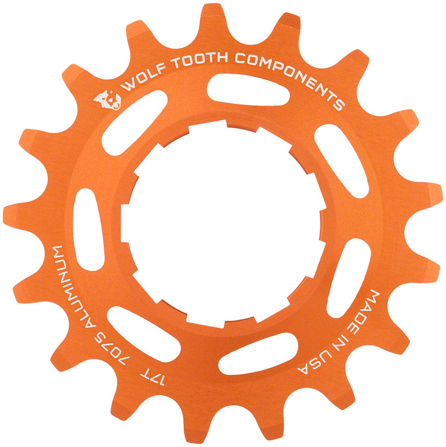 Wolf Tooth Single Speed Aluminum Cog - 17t Compatible 3/32" Chains Orange Driver and Single Cog Wolf Tooth