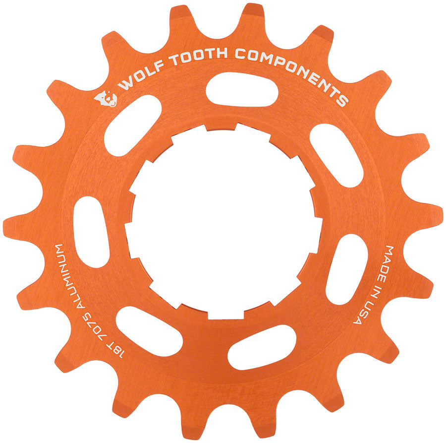 Wolf Tooth Single Speed Aluminum Cog - 18t Compatible 3/32" Chains Orange Driver and Single Cog Wolf Tooth