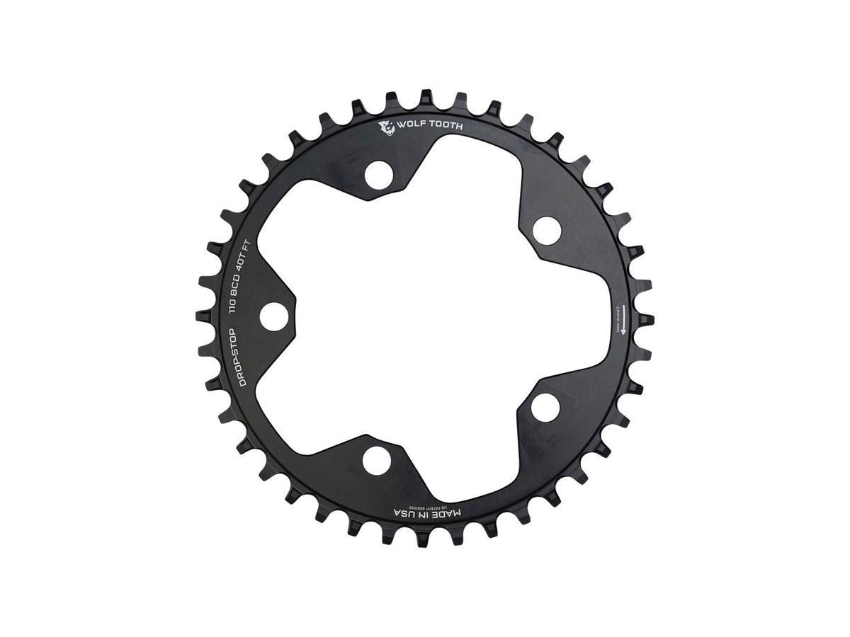 Wolf Tooth 110 BCD Cyclocross Road Chainring - 40t 110 BCD 5-Bolt Drop-Stop 10/11/12-Speed Eagle Flattop Compatible BLK