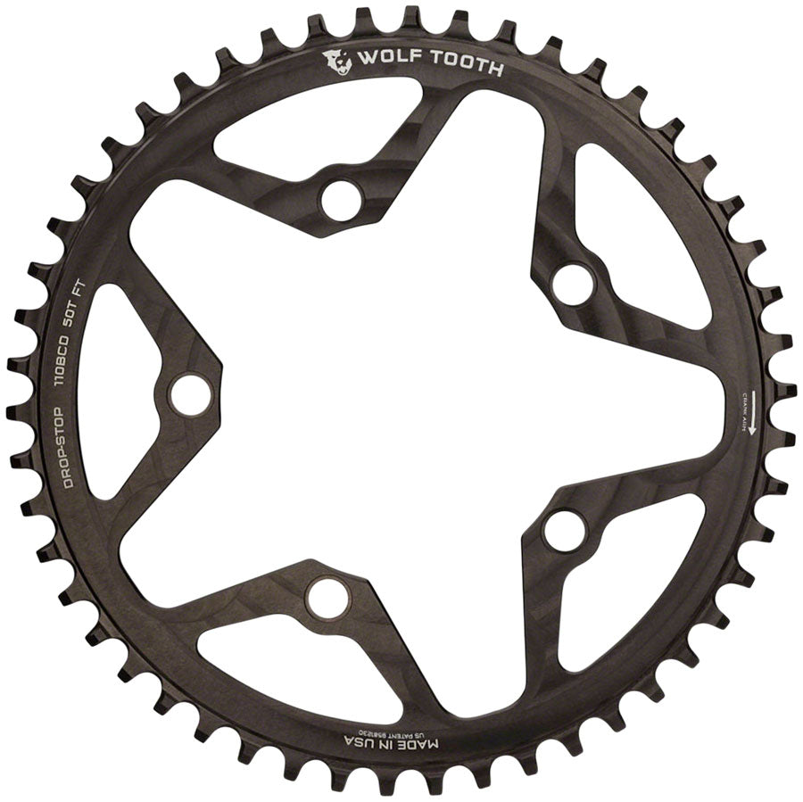 Wolf Tooth 110 BCD Cyclocross Road Chainring - 50t 110 BCD 5-Bolt Drop-Stop 10/11/12-Speed Eagle Flattop Compatible BLK Chainrings Wolf Tooth