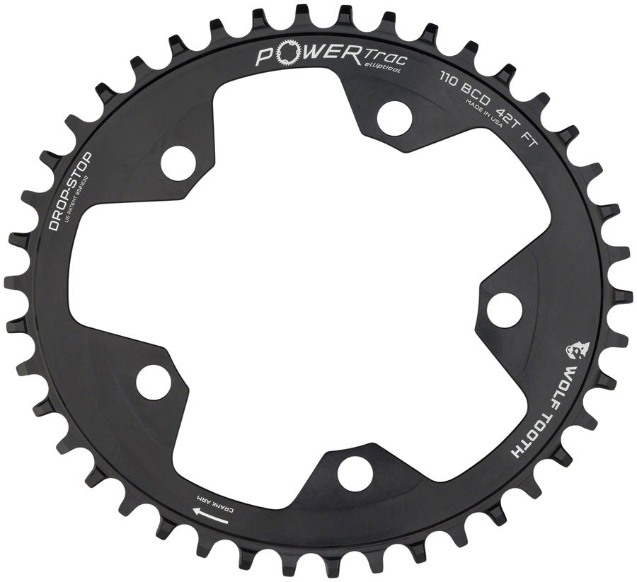 Wolf Tooth Elliptical 110 BCD Chainring - 40t 110 BCD 5-Bolt Drop-Stop 10/11/12-Speed Eagle Flattop Compatible BLK Chainrings Wolf Tooth