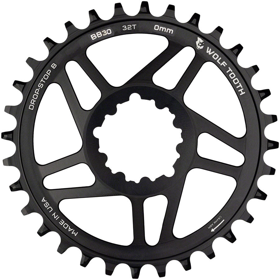 Wolf Tooth Direct Mount Chainring - 32t SRAM Direct Mount Drop-Stop B For BB30 Short Spindle Cranksets 0mm Offset BLK Chainrings Wolf Tooth
