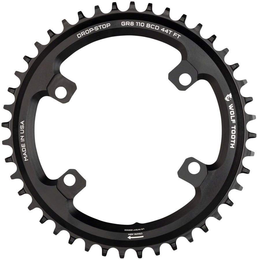 Wolf Tooth Shimano 110 Asymmetric BCD Chainring - 44t 110 Asymmetric BCD 4-Bolt Drop-Stop Flattop For Shimano GRX Cranks BLK Chainrings Wolf Tooth
