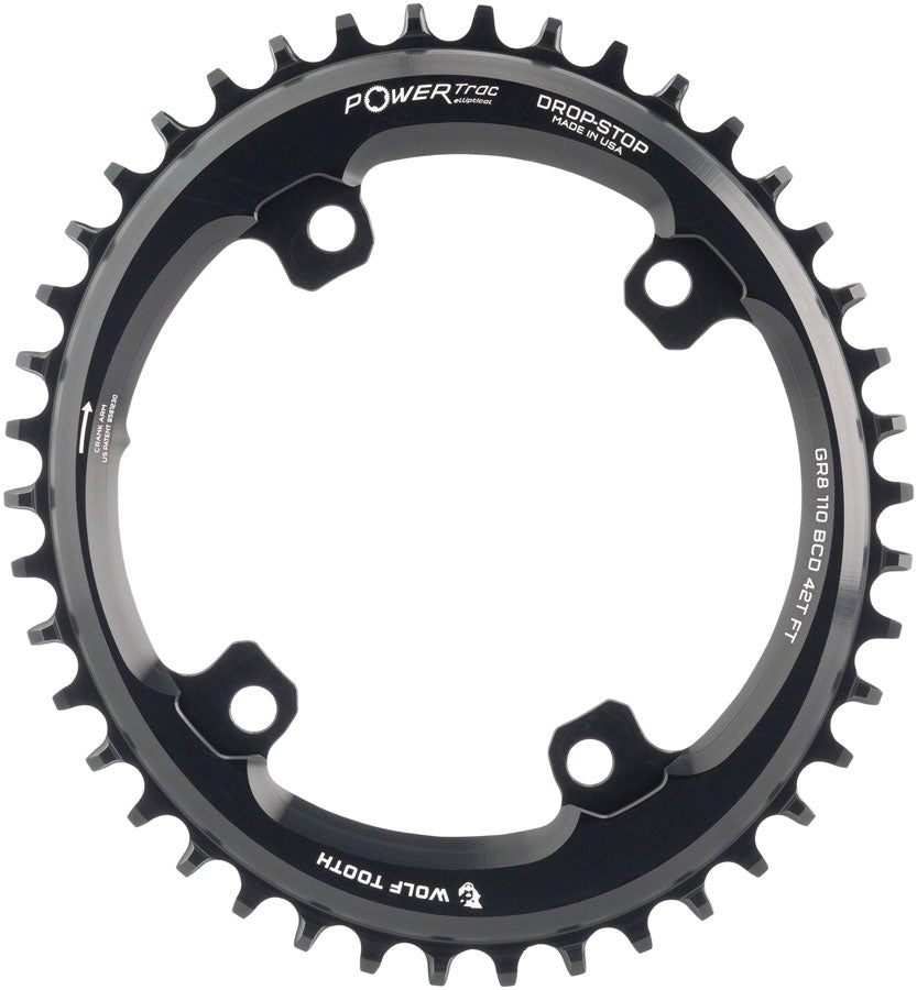Wolf Tooth Elliptical Shimano 110 Asymmetric BCD Chainring - 42t 110 Asymmetric BCD 4-Bolt Drop-Stop For Shimano GRX Cranks BLK Chainrings Wolf Tooth