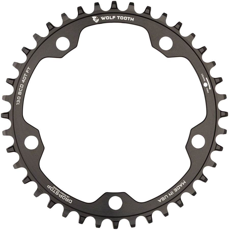 Wolf Tooth 130 BCD Road Cyclocross Chainring - 40t 130 BCD 5-Bolt Drop-Stop 10/11/12-Speed Eagle Flattop Compatible BLK Chainrings Wolf Tooth