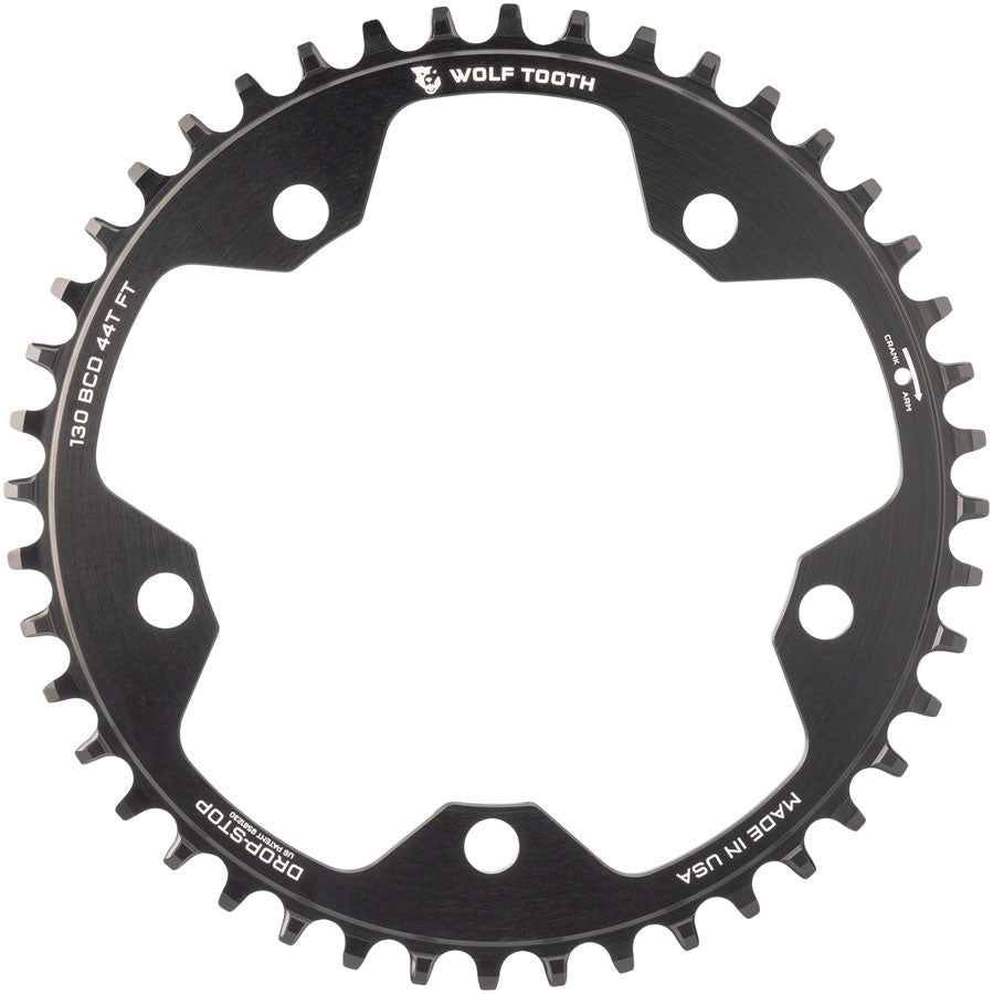 Wolf Tooth 130 BCD Road Cyclocross Chainring - 44t 130 BCD 5-Bolt Drop-Stop 10/11/12-Speed Eagle Flattop Compatible BLK Chainrings Wolf Tooth