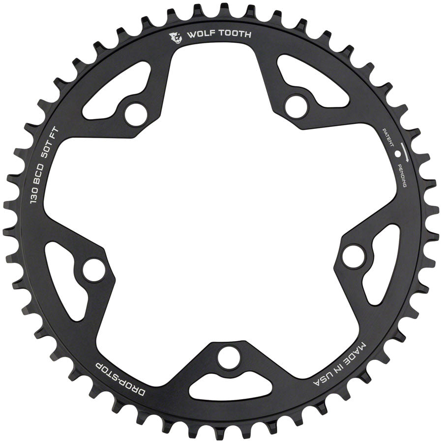 Wolf Tooth 130 BCD Road Cyclocross Chainring - 46t 130 BCD 5-Bolt Drop-Stop 10/11/12-Speed Eagle Flattop Compatible BLK Chainrings Wolf Tooth