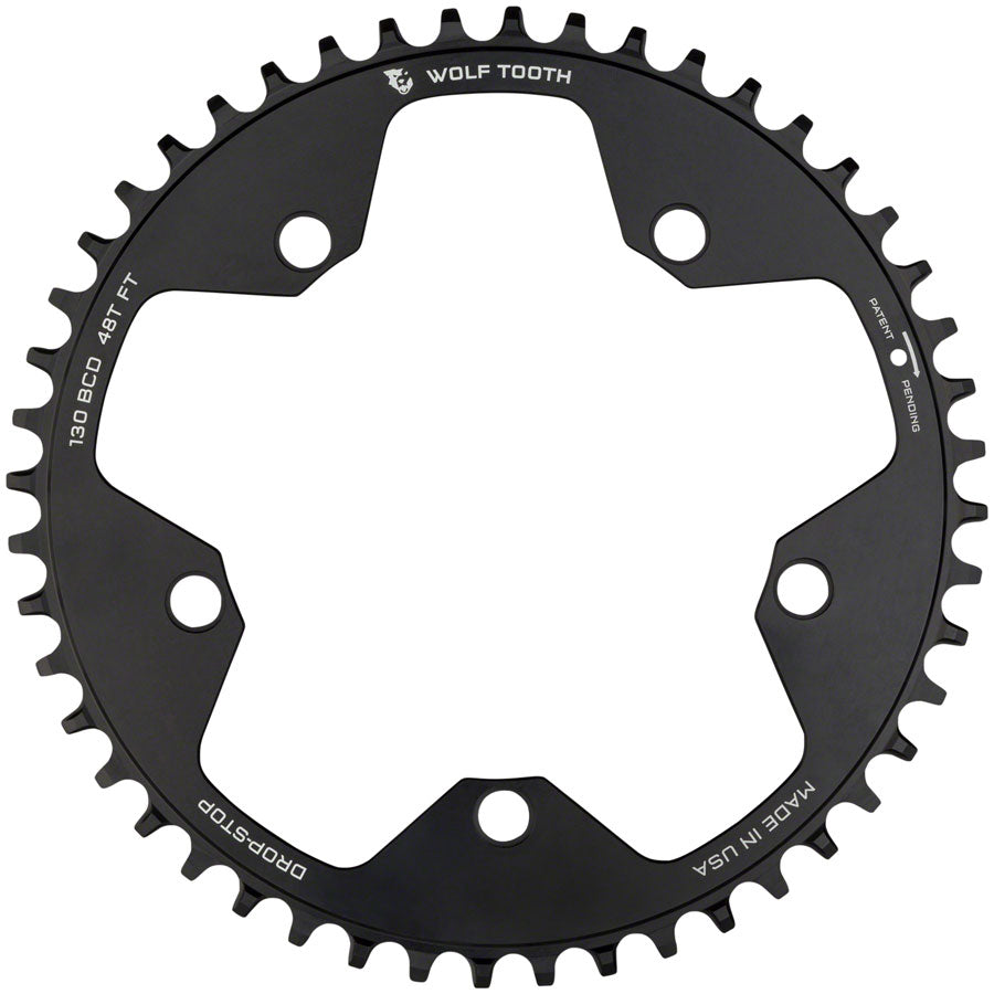 Wolf Tooth 130 BCD Road Cyclocross Chainring - 48t 130 BCD 5-Bolt Drop-Stop 10/11/12-Speed Eagle Flattop Compatible BLK Chainrings Wolf Tooth