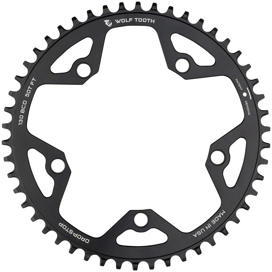 Wolf Tooth 130 BCD Road Cyclocross Chainring - 50t 130 BCD 5-Bolt Drop-Stop 10/11/12-Speed Eagle Flattop Compatible BLK Chainrings Wolf Tooth