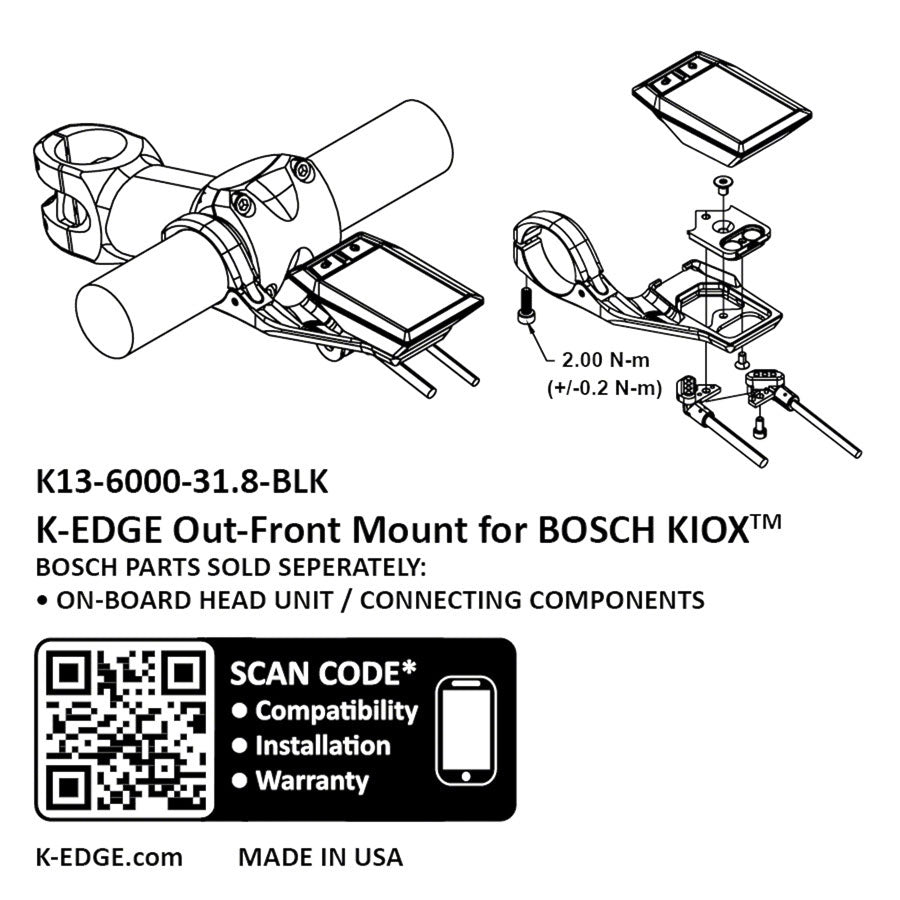 K-EDGE Bosch Kiox Out Front Computer Mount - Black Ebike Head Unit Parts K-Edge
