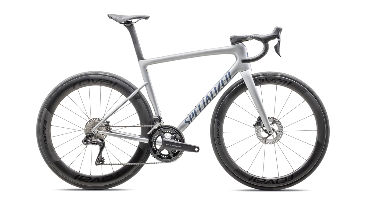 Tarmac SL8 Pro - Shimano Ultegra Di2 - Gloss Liquid Silver / Satin Blue Pearl Over Black Liquid Metal / 44