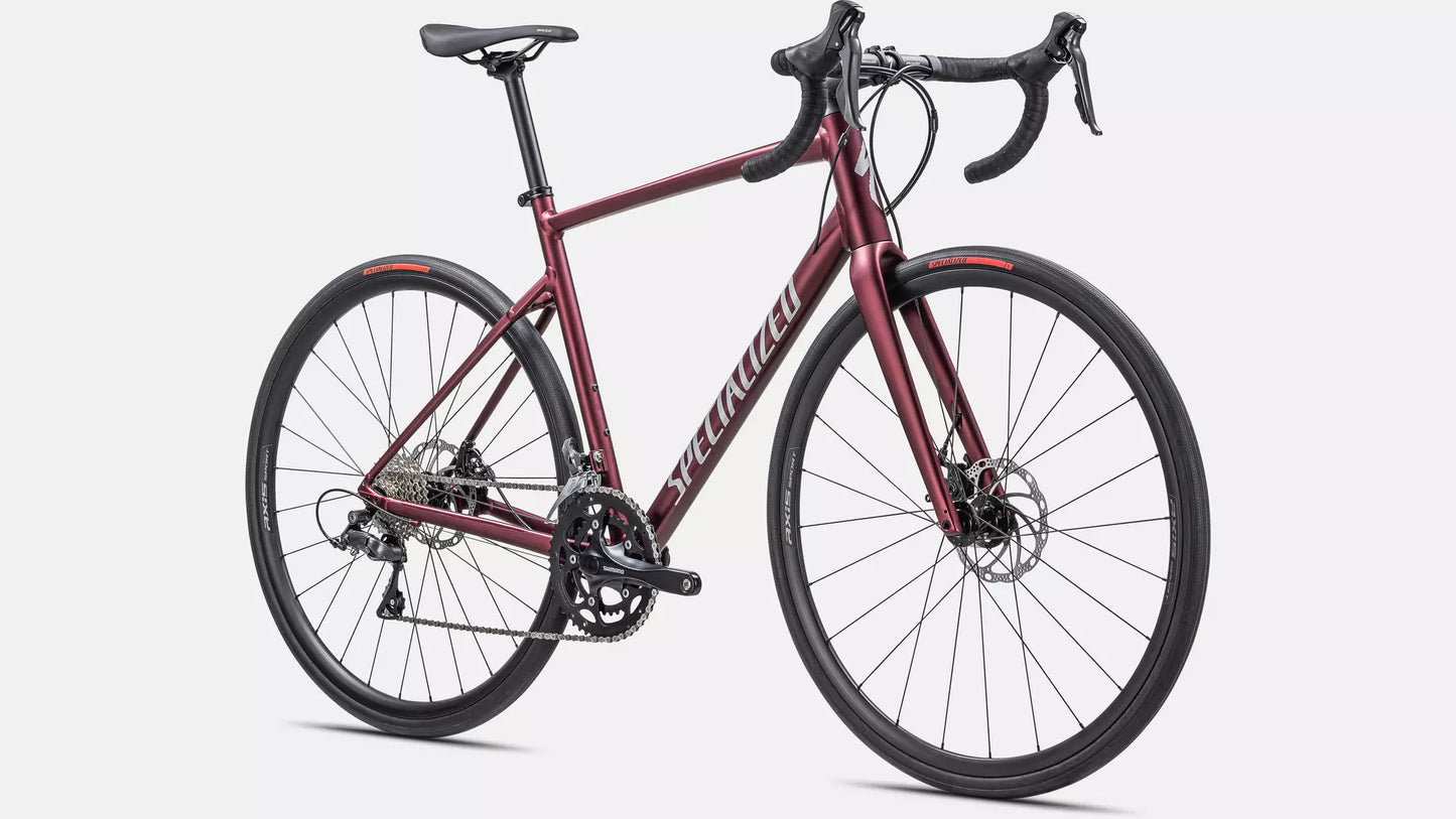 2025 Specialized allez e5 bike satin maroon / silver dust / flo red 49