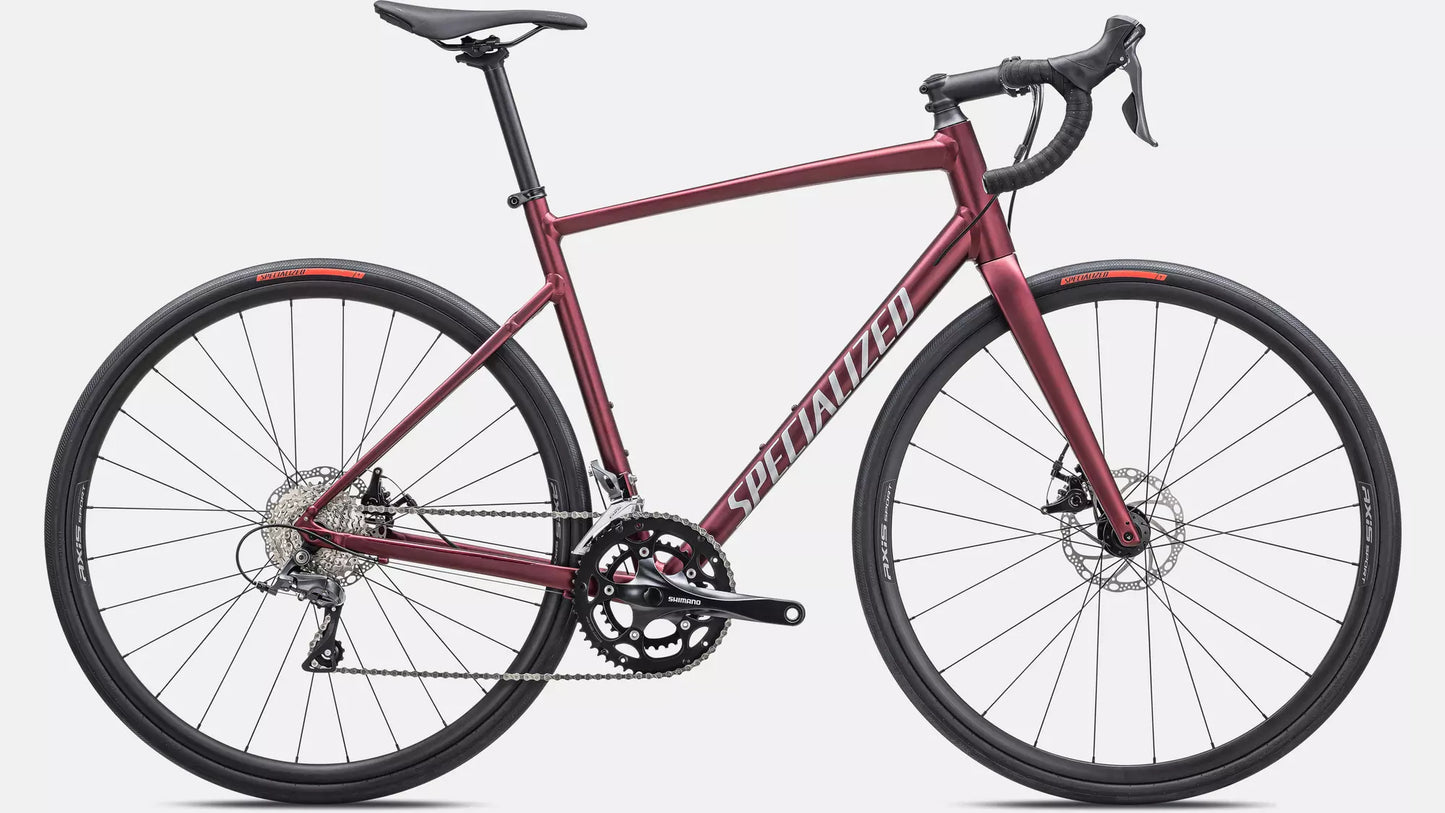 2025 Specialized allez e5 bike satin maroon / silver dust / flo red 49