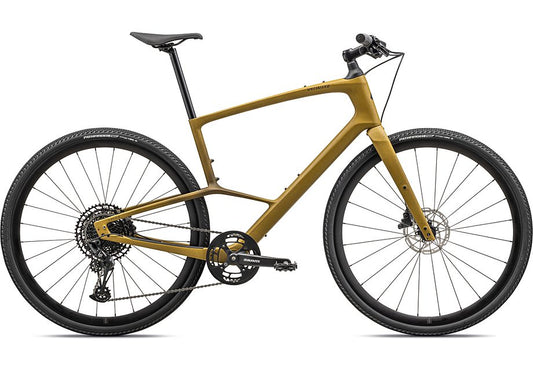 2023 Specialized sirrus x 5.0 bike satin harvest gold / harvest gold tint fade / obsidian speckle / satin obsidian reflective l