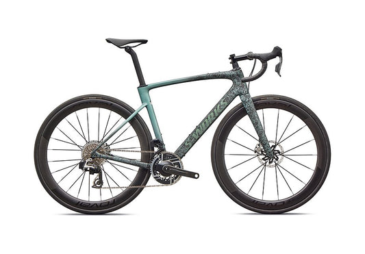 2026 Specialized Roubaix S-Works Axs Bike Satin Carbon/Fjord Metallic Dust Dry Impasto + Fade/Gloss Premium Fjord Metallic 58