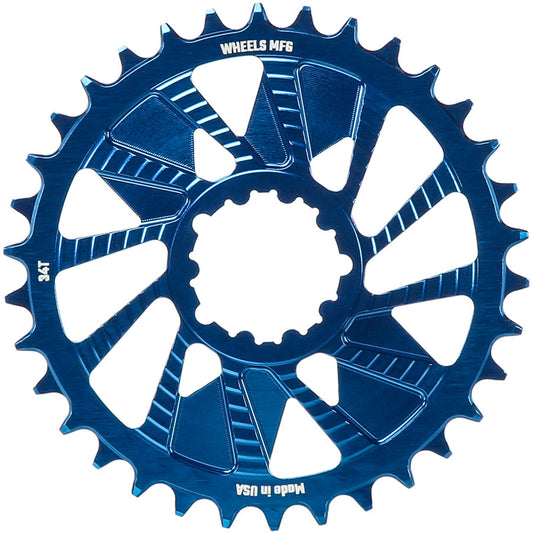 Wheels Manufacturing Direct Mount Chainring - 34t SRAM 3-Bolt Direct Mount 3mm Offset T-Type Chain Compatible Blue