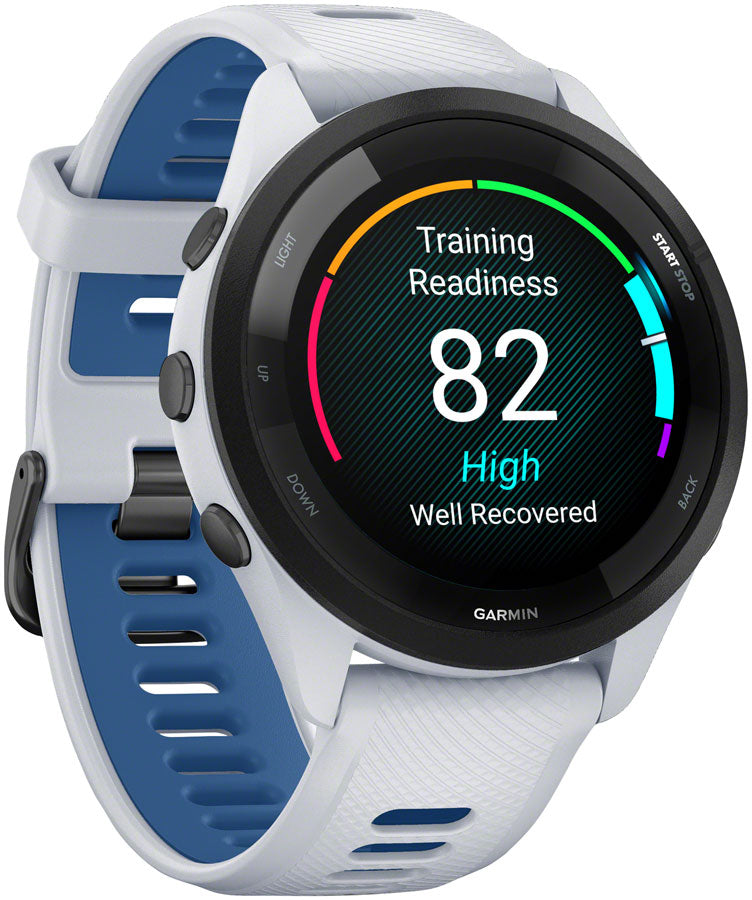 Garmin Forerunner 265 GPS Smartwatch - 46mm BLK Bezel Whitestone Case Whitestone/Tidal Blue Silicone Band