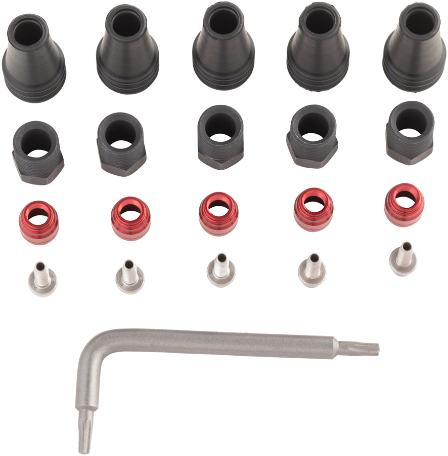 SRAM Red/Force AXS 2-Pc Disc Brake Hose Fitting Kit - 5 Threaded Hose Barbs 5 Compression Nuts 5 Boots Red Comp Olives 1 T8 Torx Disc Hose and Parts SRAM   