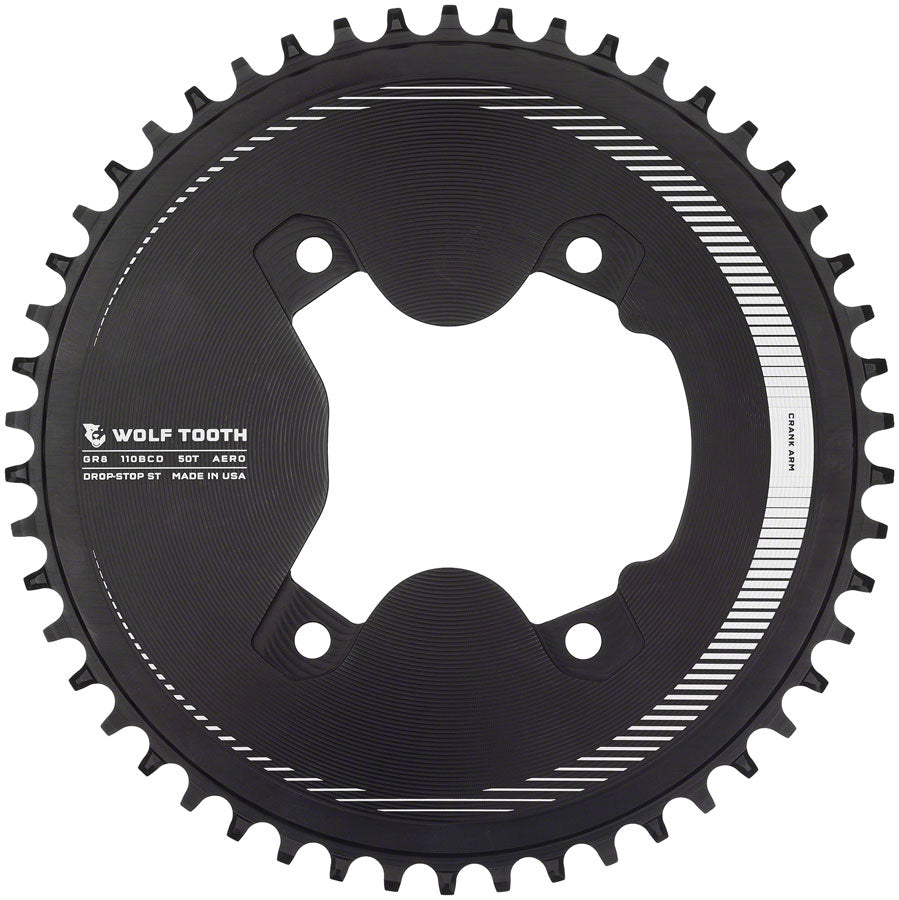 Wolf Tooth Aero 110 Asymmetric BCD Chainring - 50t 110 Asymmetric BCD 4-Bolt Drop-Stop ST For Shimano GRX Cranks BLK Chainrings Wolf Tooth   