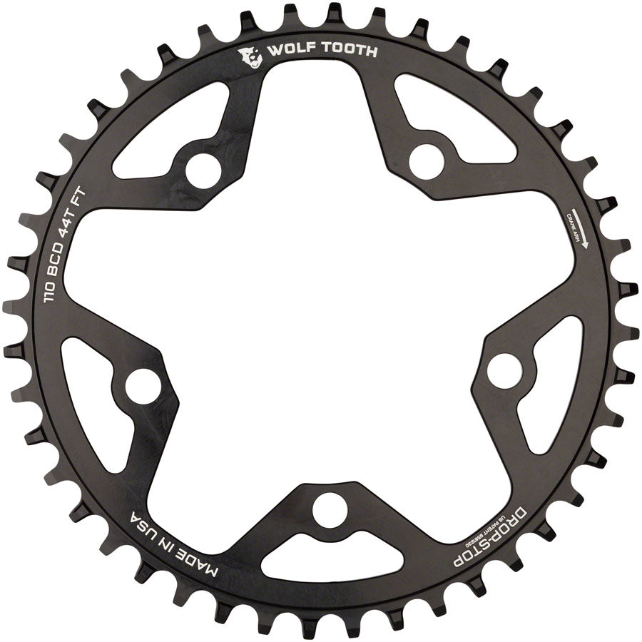 Wolf Tooth 110 BCD Cyclocross Road Chainring - 44t 110 BCD 5-Bolt Drop-Stop  10/11/12-Speed Eagle Flattop Compatible BLK