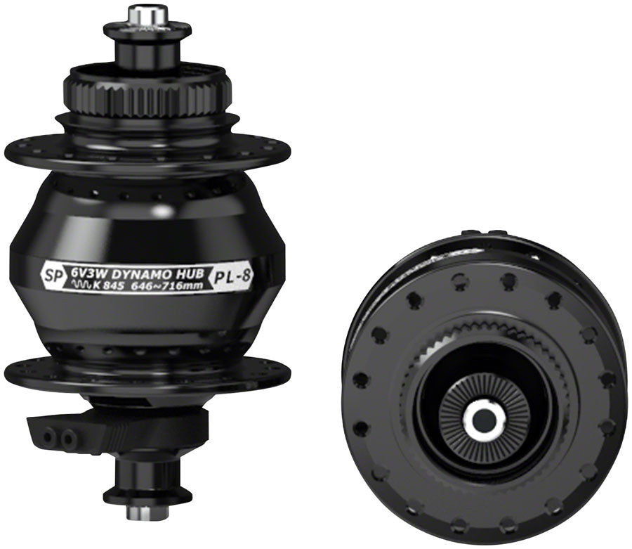 SP 8 Series Dynamo Front Hub - PL-8 6V- 3W QR x 100mm Centerlock 32H Black Front Hub SP Connect   